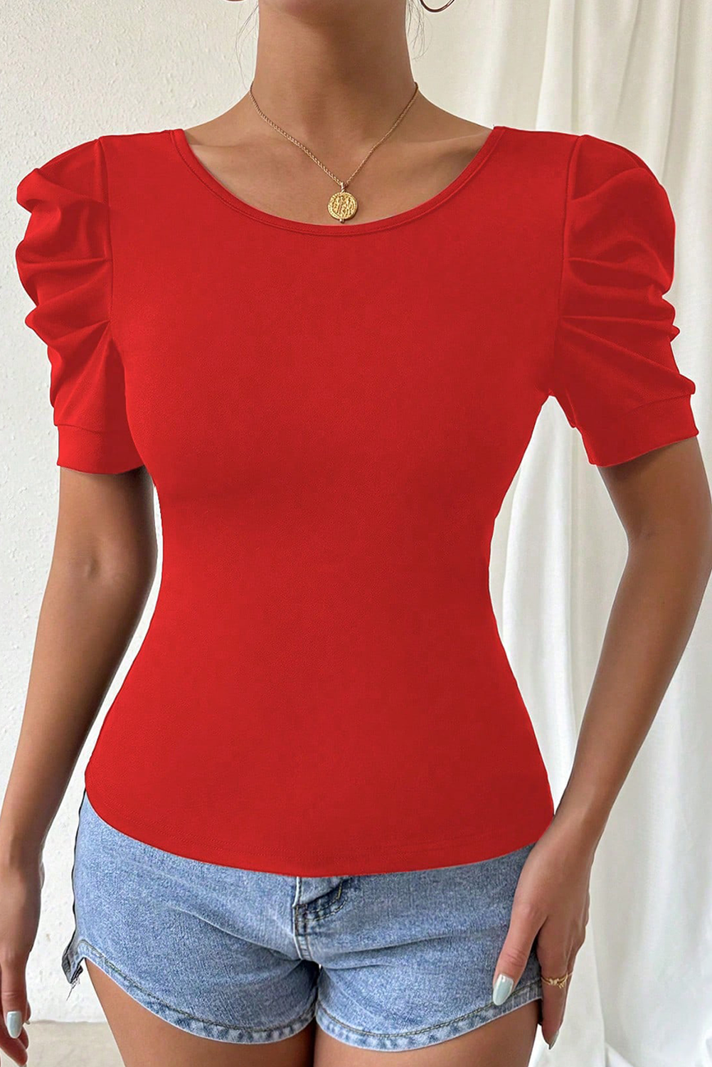 Fiery Red Sweet Bow Bubble Sleeve Top