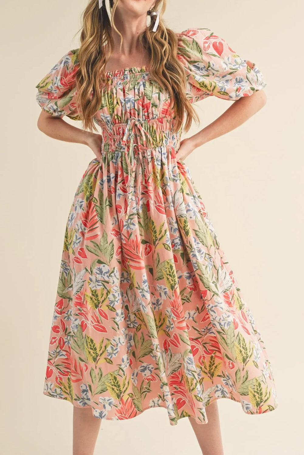 Apricot Pink Floral Knot Front Smocked Bubble Sleeve Dress - The Fair Lady Shop