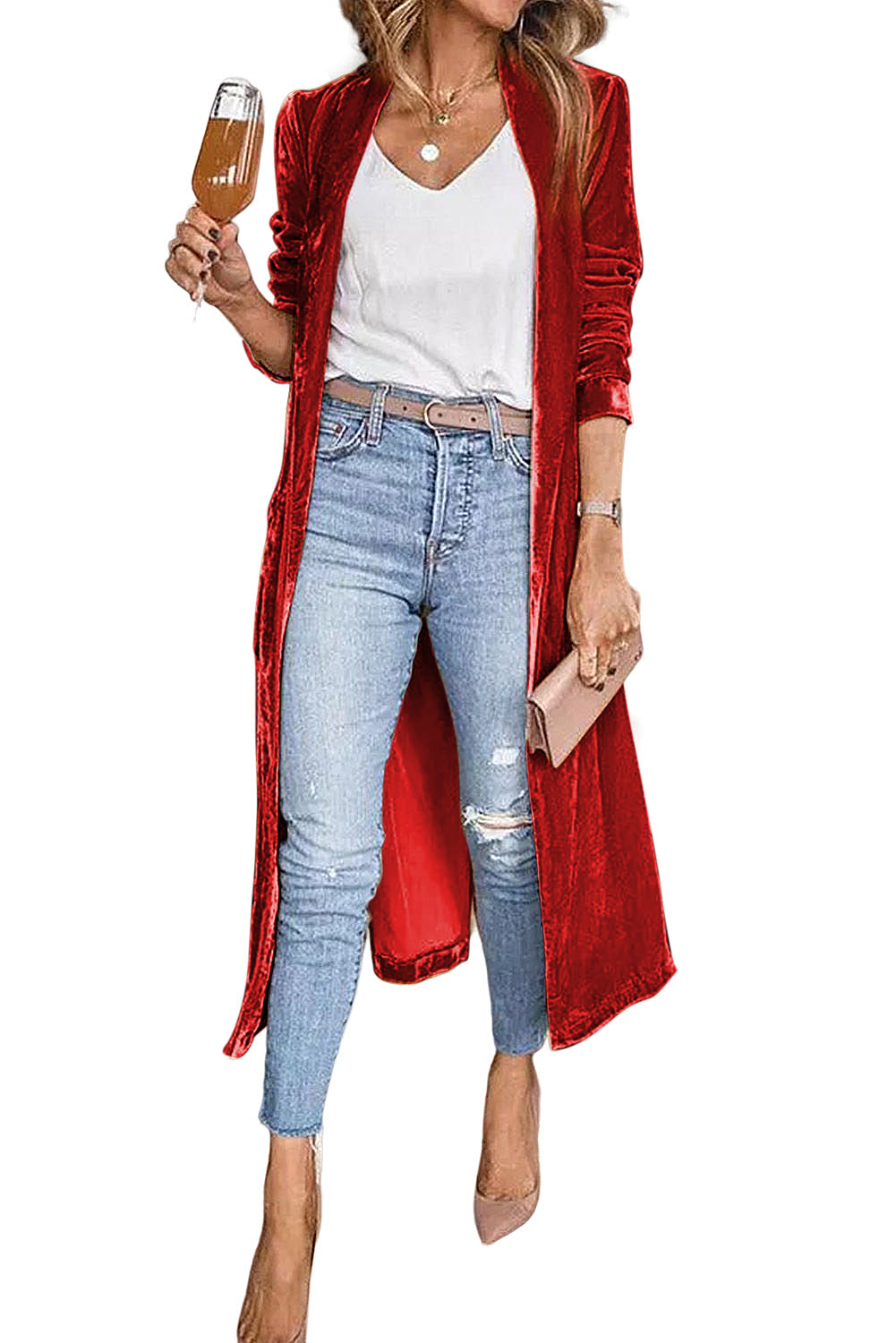 Red Velvet Elegant Open Front Pocket Long Cardigan - The Fair Lady Shop