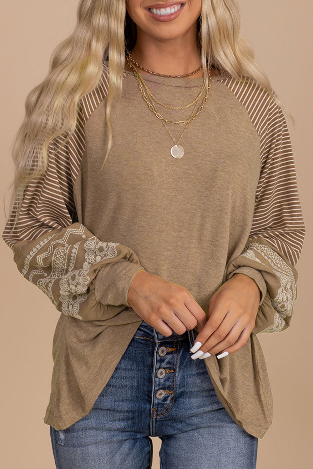 Brown Contrast Print Striped Raglan Long Sleeve Loose Top