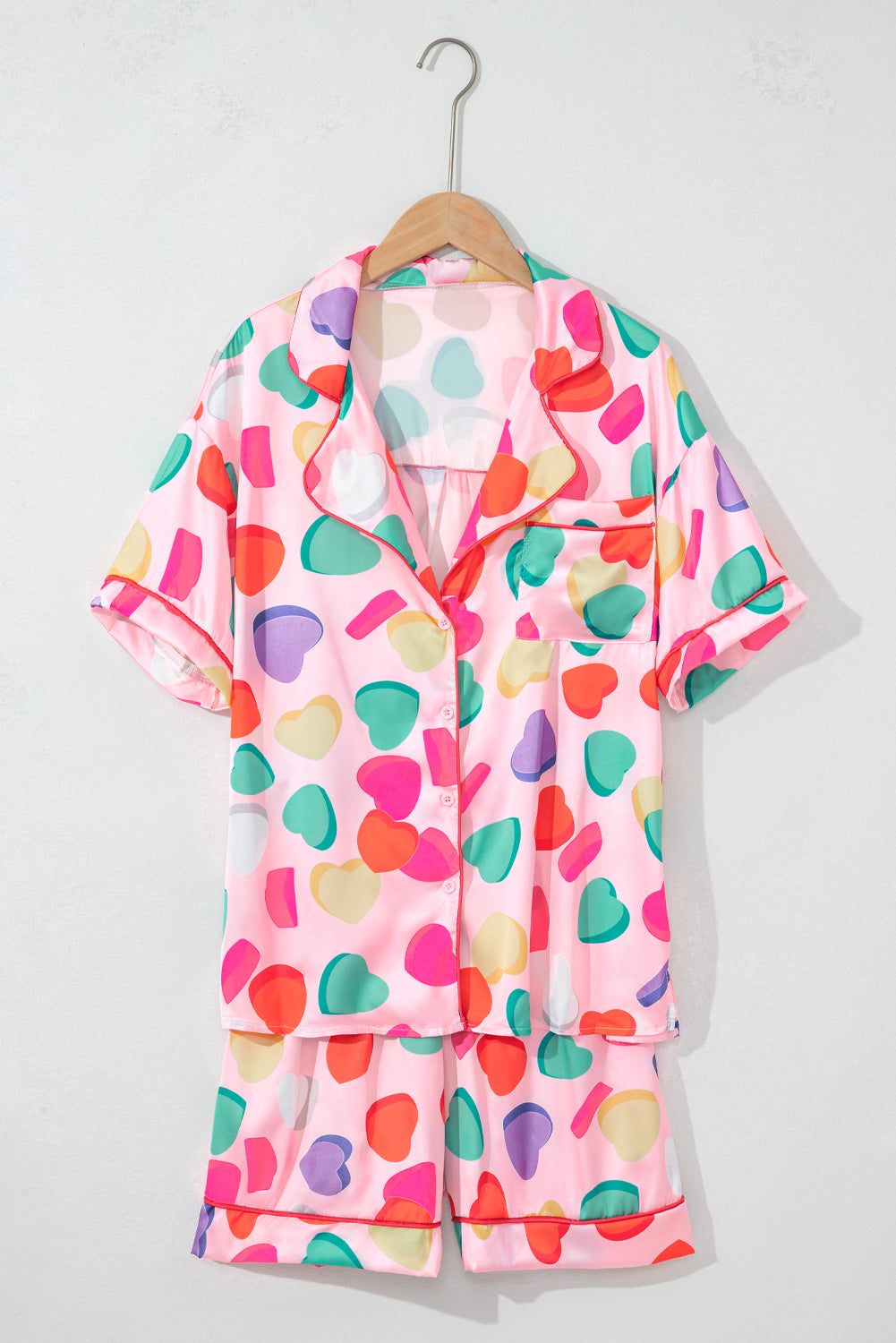 Pink Full Heart Pattern Shirt and Shorts Satin Pajama Set - The Fair Lady Shop