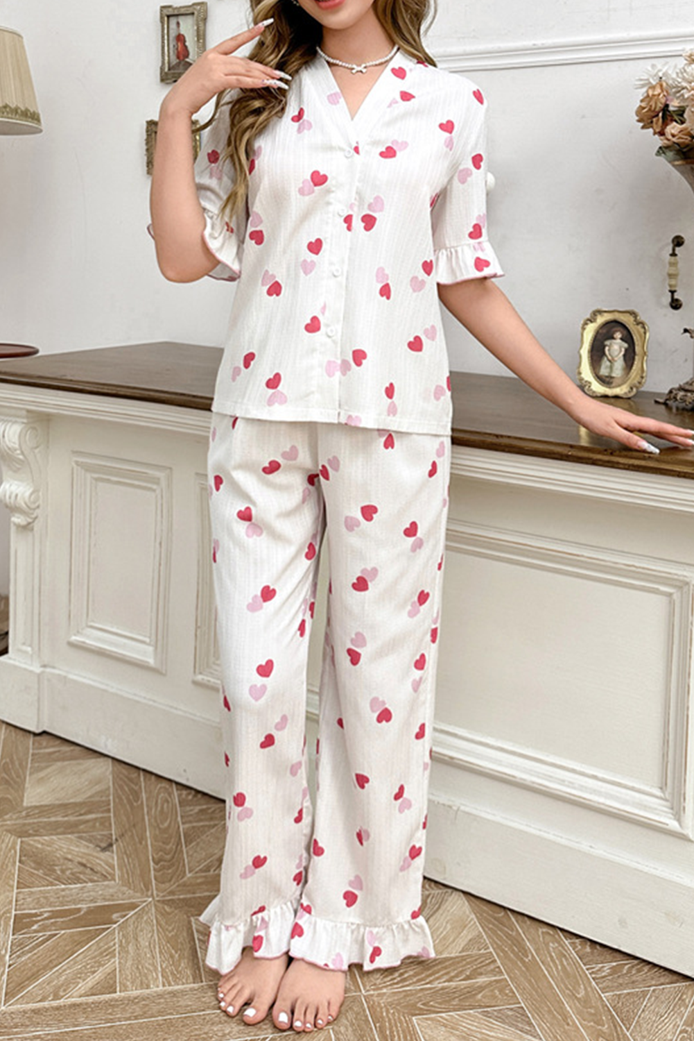 White Heart Print Crinkle Ruffle Hem Pajama Set - The Fair Lady Shop