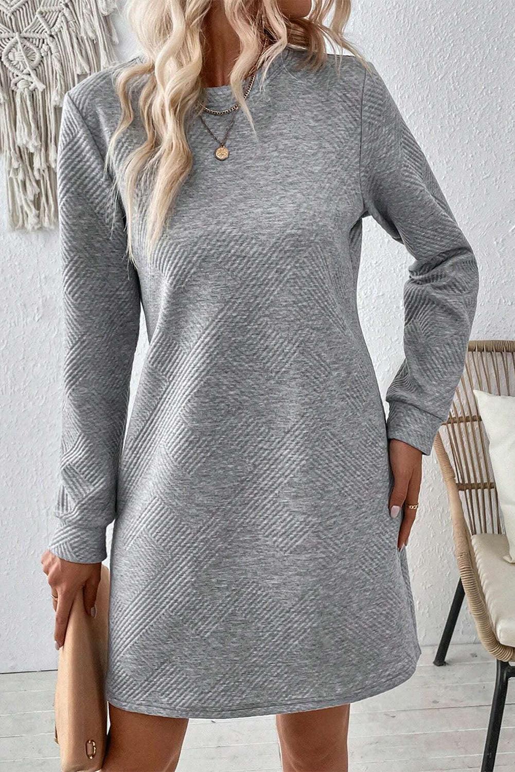 Gray Solid Color Textured Long Sleeve Shift Short Dress - The Fair Lady Shop