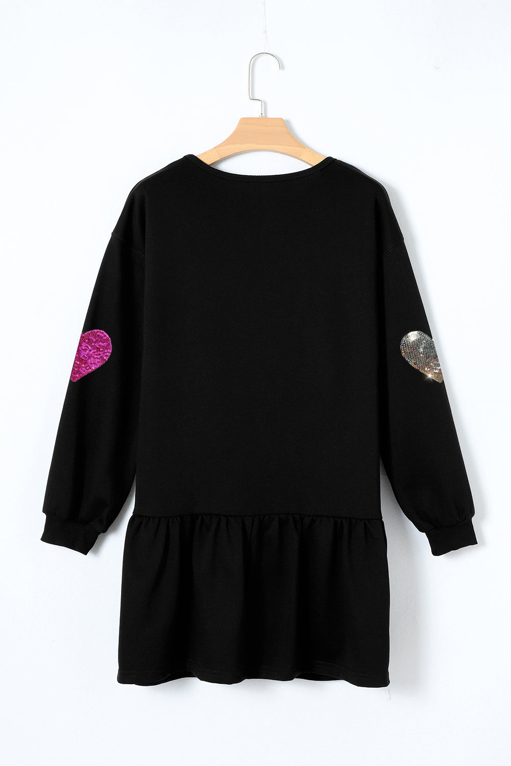 Black Shiny Heart Graphic Ruffled Knit Mini Dress - The Fair Lady Shop