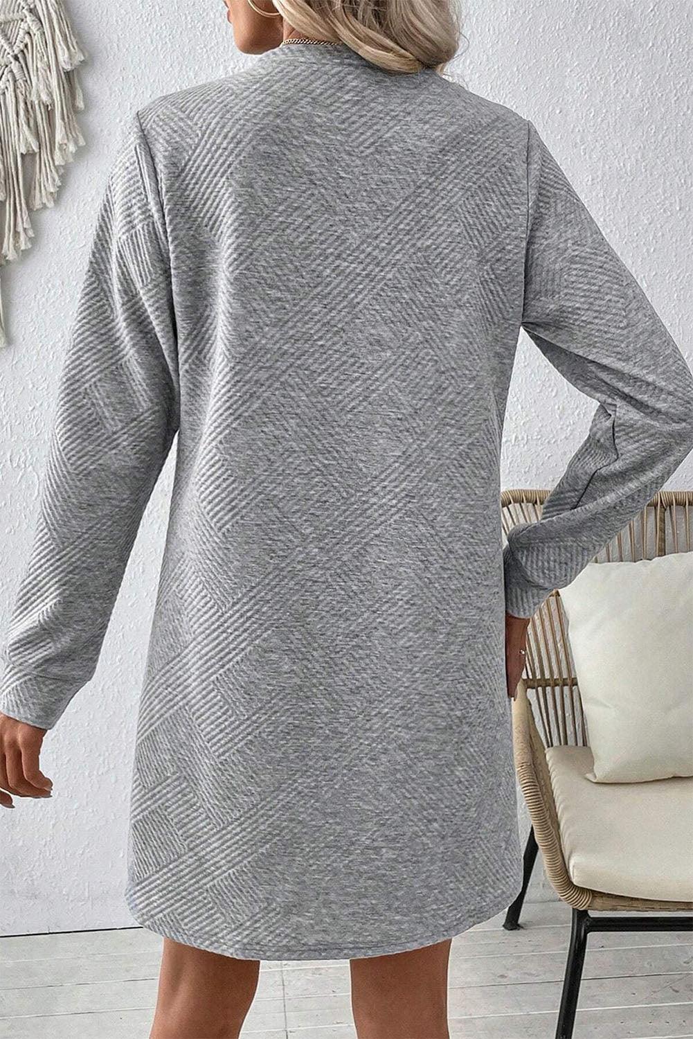 Gray Solid Color Textured Long Sleeve Shift Short Dress - The Fair Lady Shop