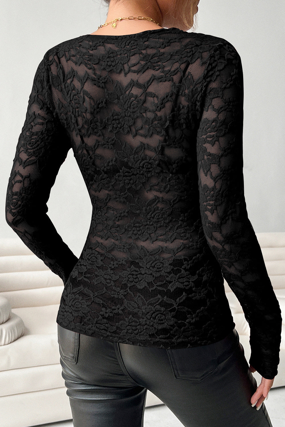 Black V-Neck Scalloped Edge Lace Long Sleeve Top - The Fair Lady Shop