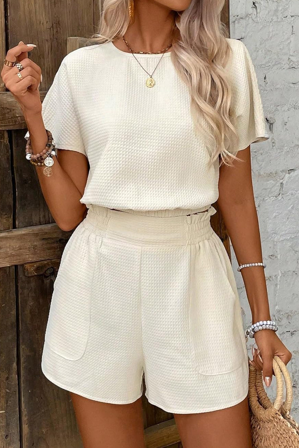 Beige Solid Textured Top and Shorts Set - The Fair Lady Shop