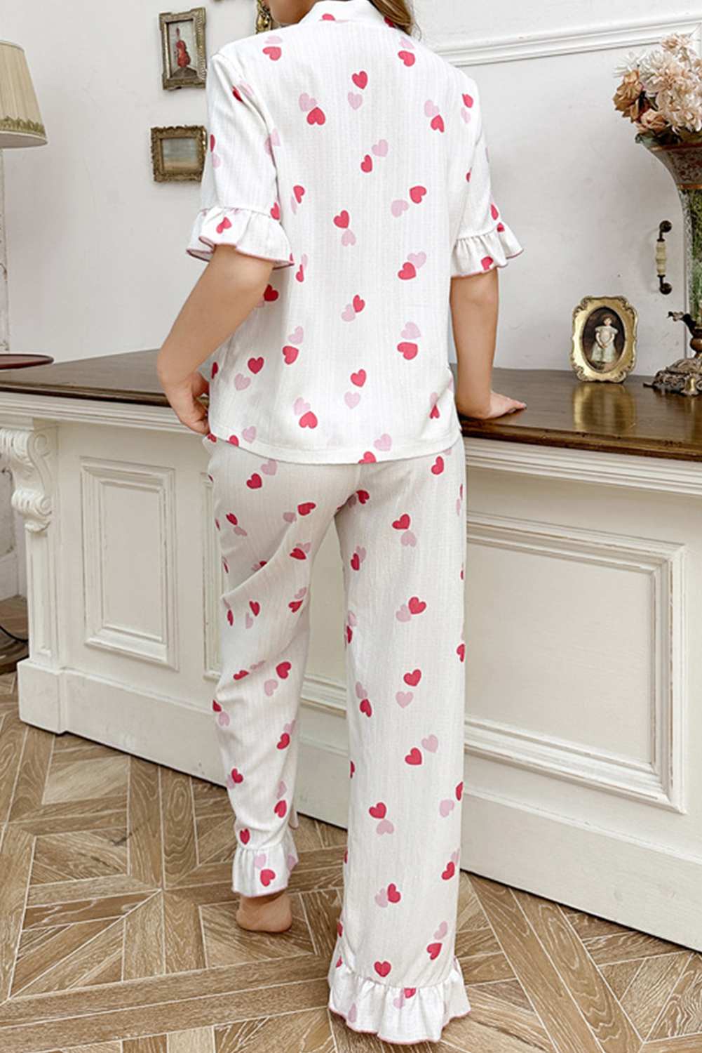 White Heart Print Crinkle Ruffle Hem Pajama Set - The Fair Lady Shop