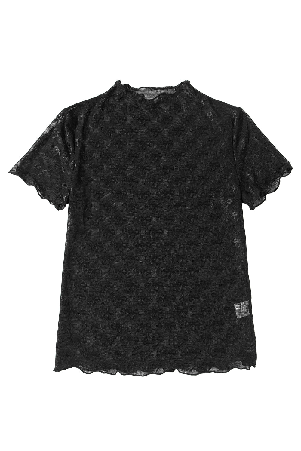 Black Bowknot Sheer Mesh Mock Neck Lettuce Trim Short Sleeve Top