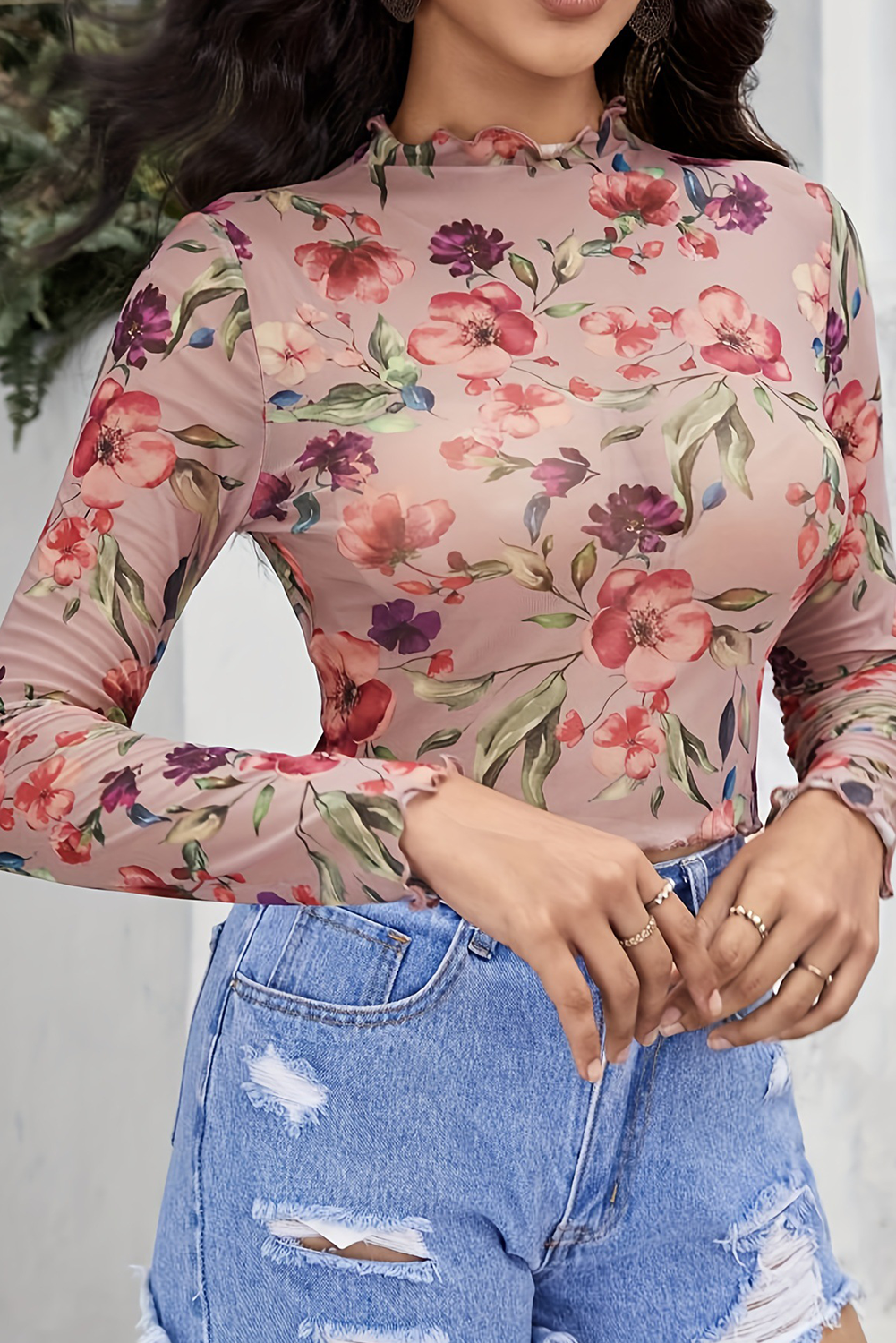 Red Mesh Floral Long SLeeve Stand Neck Cropped Top