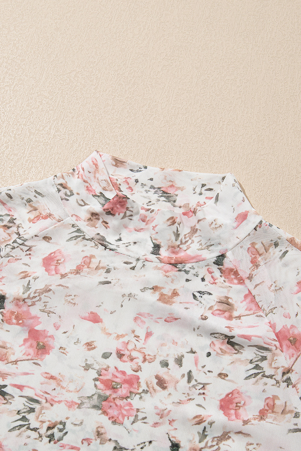 Pink Floral Print Mesh Mock Neck Slim Blouse - The Fair Lady Shop