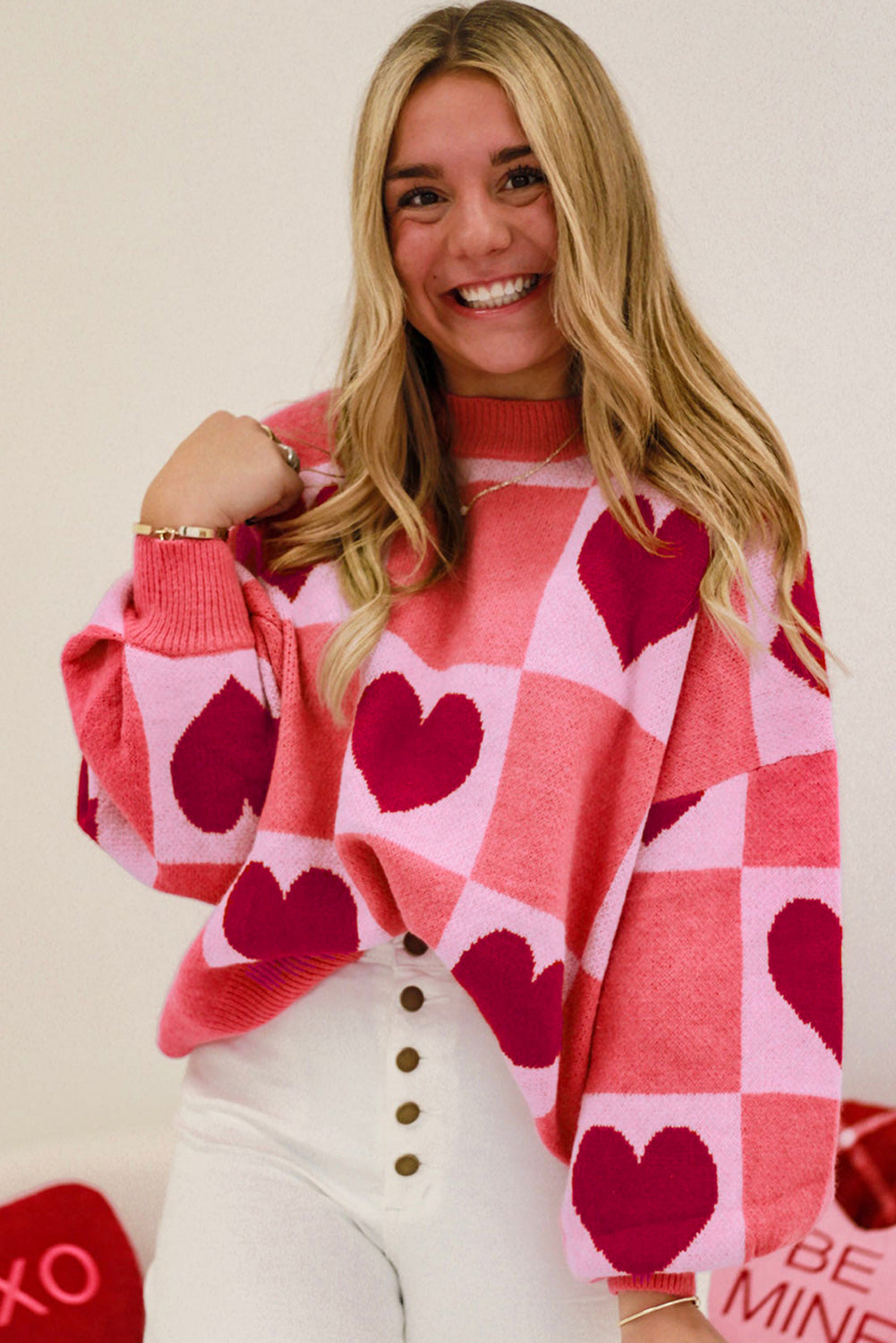 Pink Love Heart Checkered Valentine Knit Sweater - The Fair Lady Shop