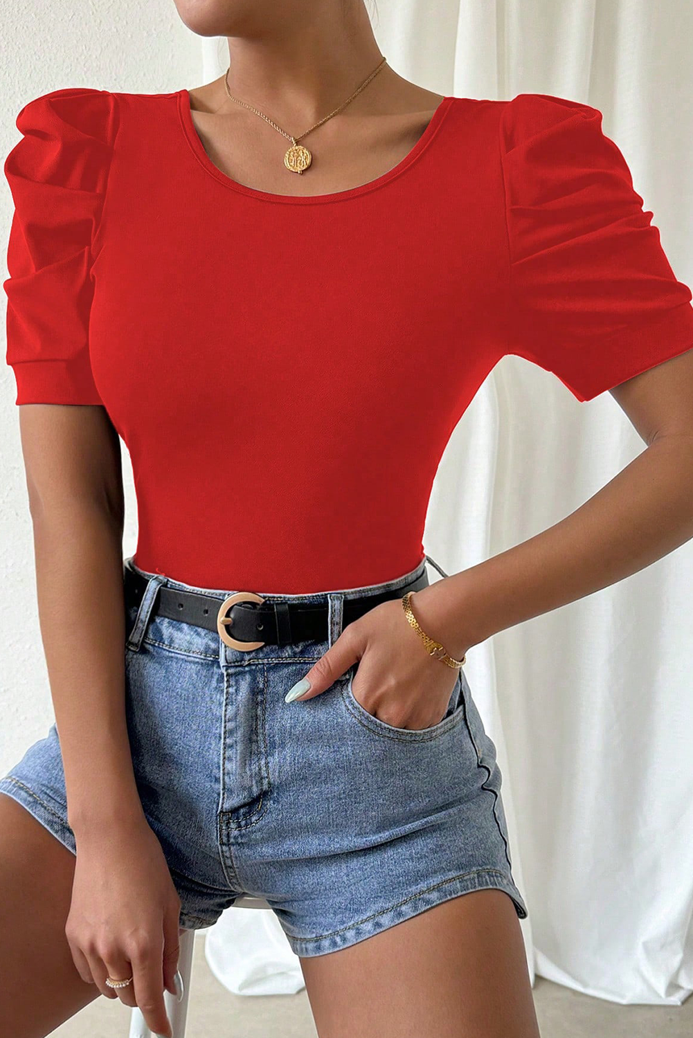 Fiery Red Sweet Bow Bubble Sleeve Top
