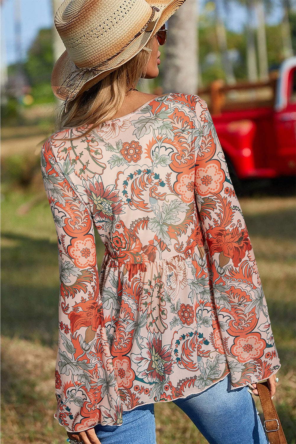 Orange Floral Bell Sleeve Pleated Blouse - The Fair Lady Shop