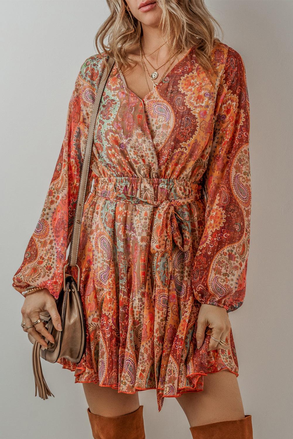 Orange Boho Paisley Print Long Sleeve Pleated Belted Mini Dress - The Fair Lady Shop