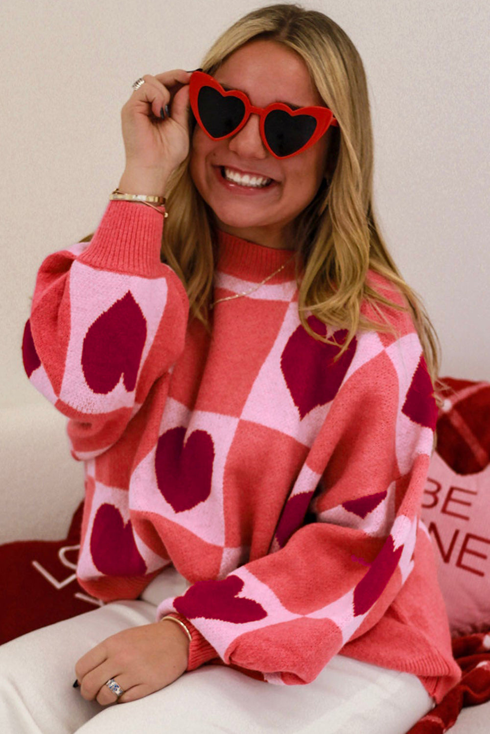 Pink Love Heart Checkered Valentine Knit Sweater - The Fair Lady Shop