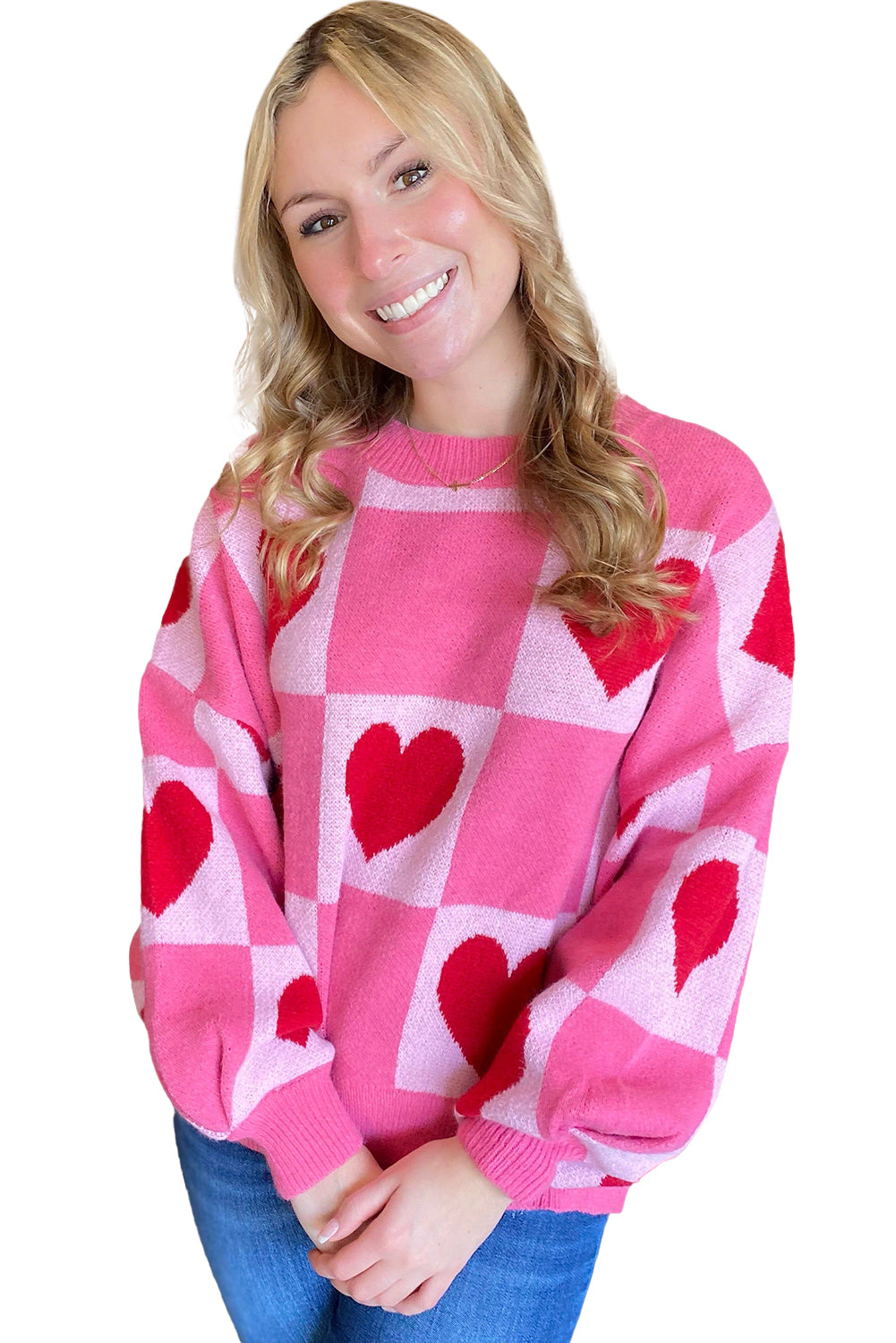 Pink Love Heart Checkered Valentine Knit Sweater - The Fair Lady Shop