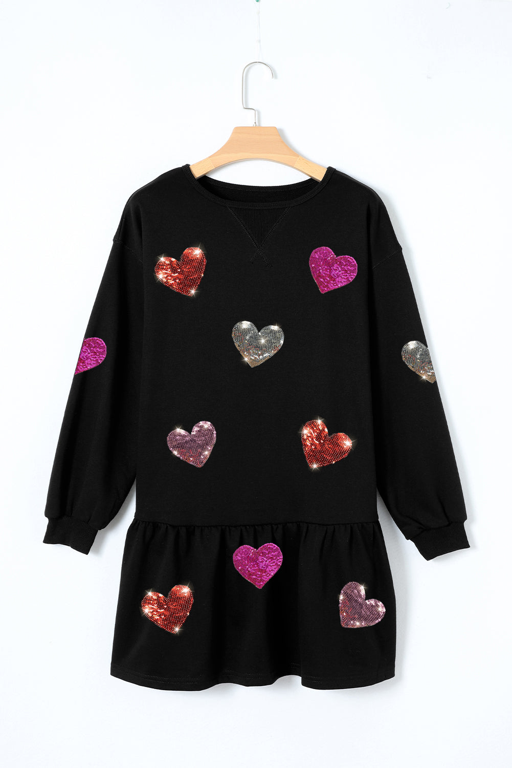 Black Shiny Heart Graphic Ruffled Knit Mini Dress - The Fair Lady Shop