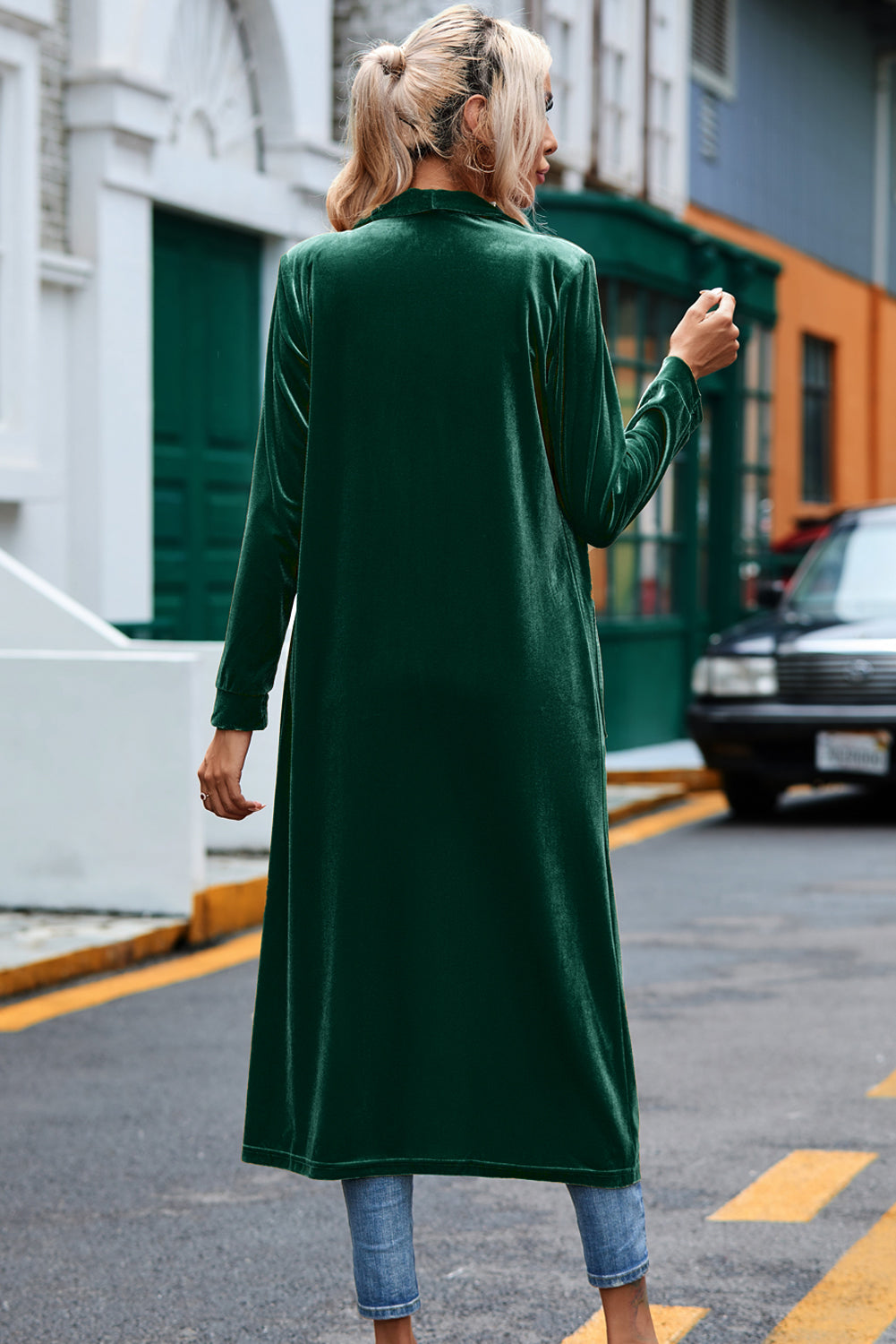 Green Velvet Elegant Pocket Open Front Long Cardigan - The Fair Lady Shop
