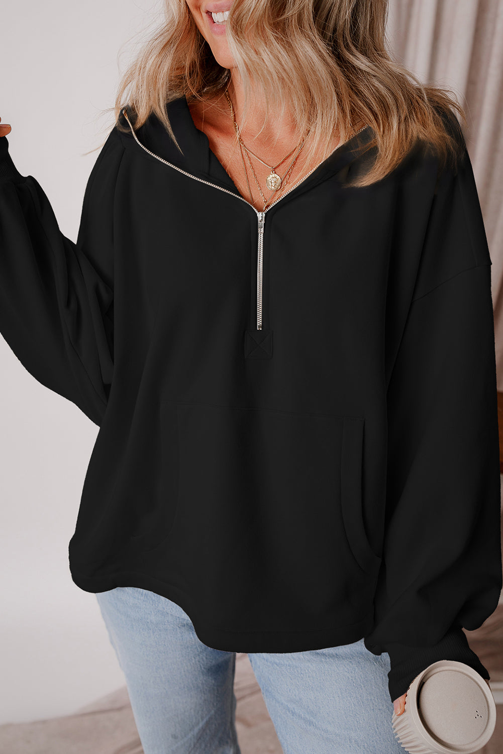 Black Half Zipper Kangaroo Pocket Drop Shoulder Hoodie