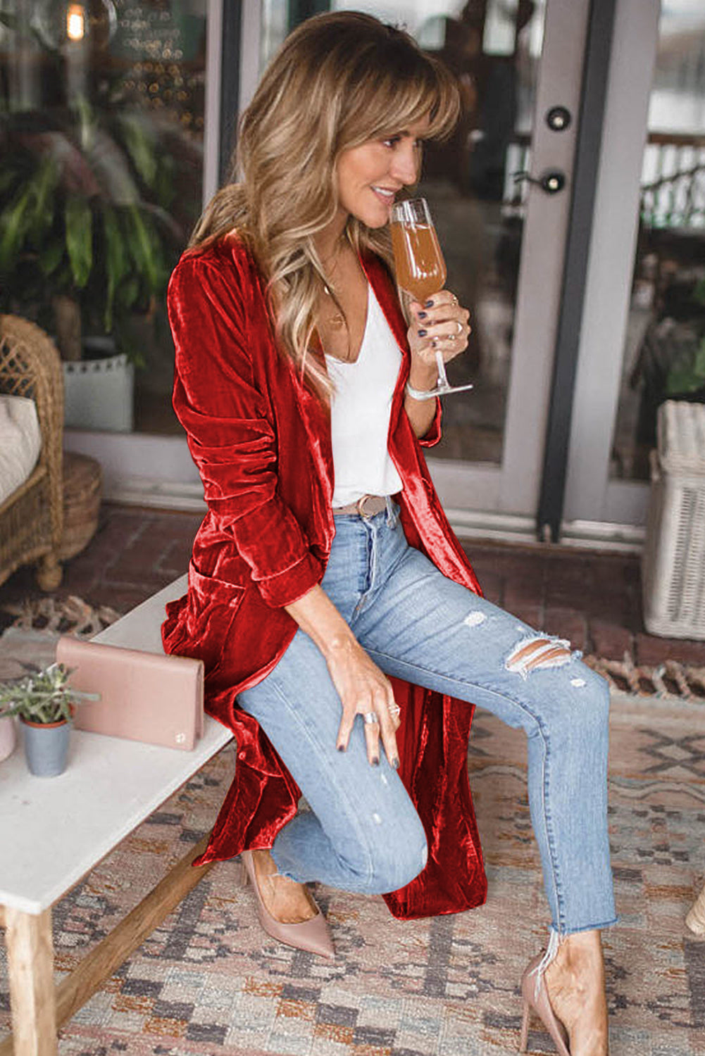 Red Velvet Elegant Open Front Pocket Long Cardigan - The Fair Lady Shop