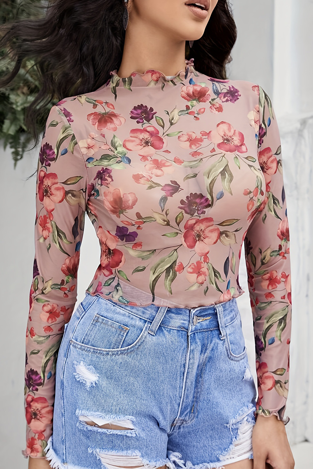 Red Mesh Floral Long SLeeve Stand Neck Cropped Top