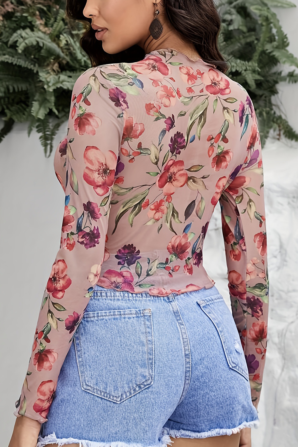 Red Mesh Floral Long SLeeve Stand Neck Cropped Top
