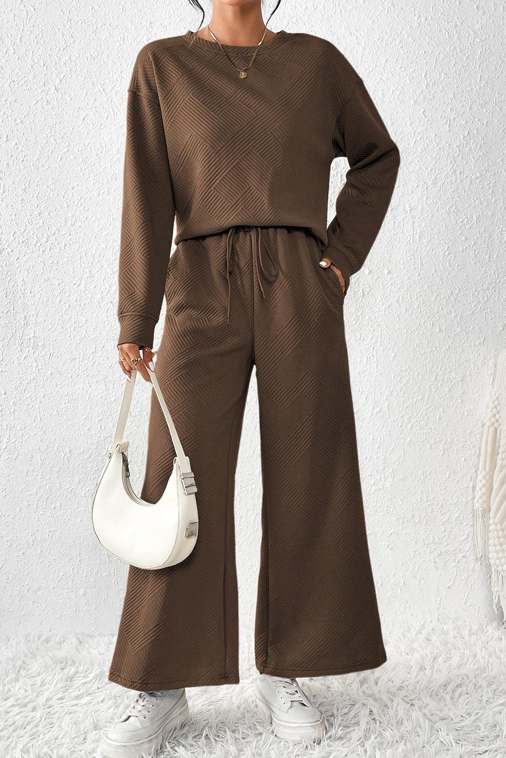 Dark Brown Textured Loose Slouchy Long Sleeve Top and Pants Set - The Fair Lady Shop