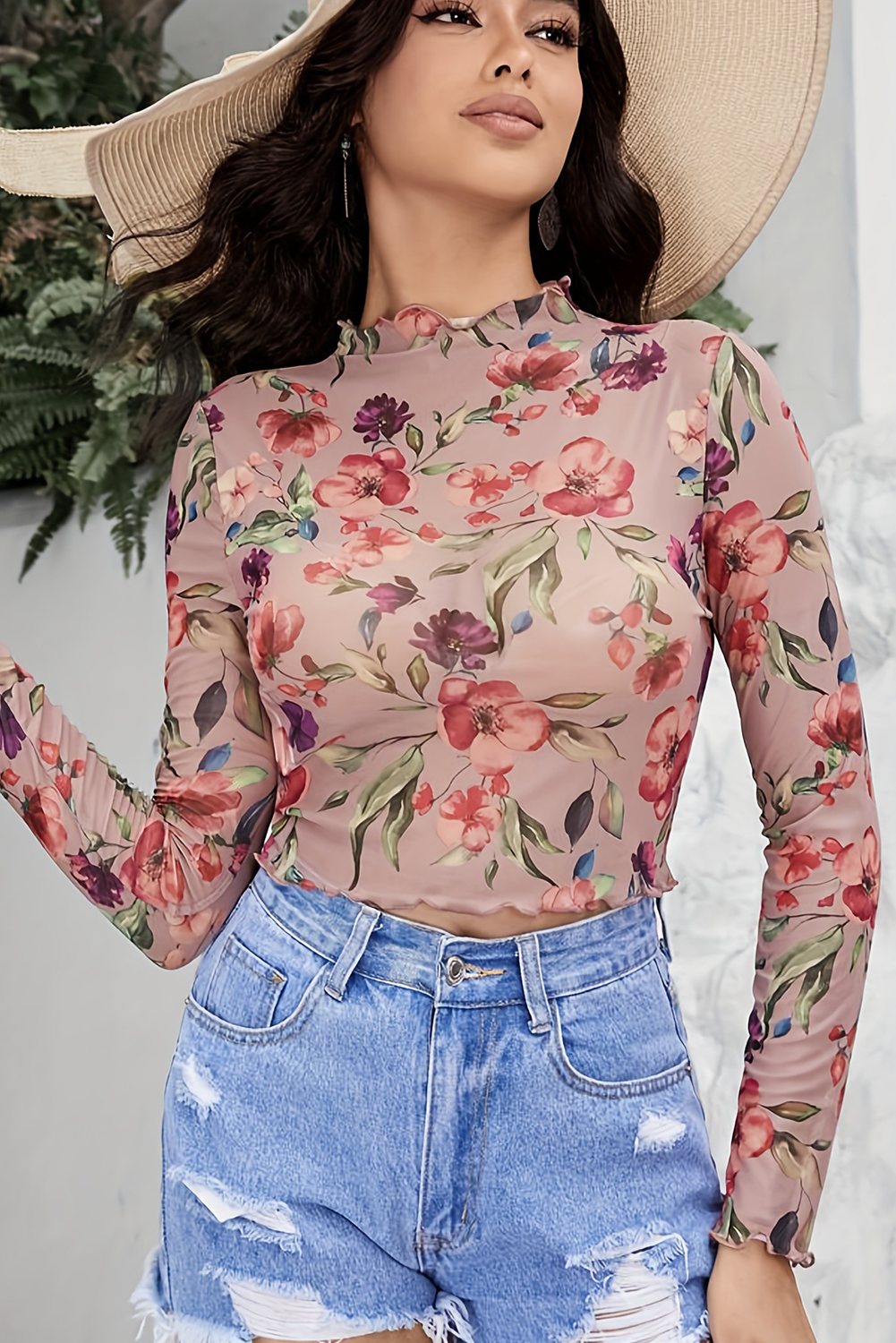 Red Mesh Floral Long SLeeve Stand Neck Cropped Top