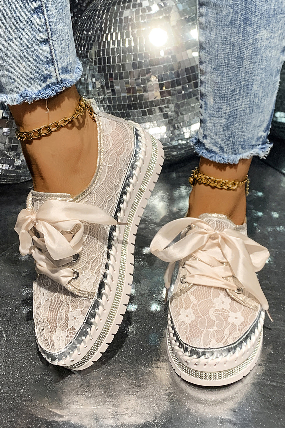 White Floral Mesh Thick Sole Sneakers