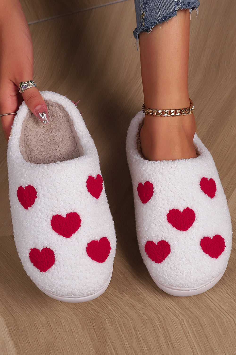 White Valentines Day Hearts Print Plush Slippers - The Fair Lady Shop