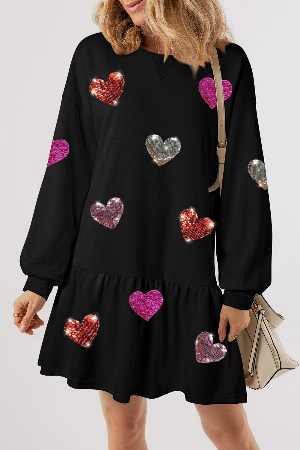 Black Shiny Heart Graphic Ruffled Knit Mini Dress - The Fair Lady Shop