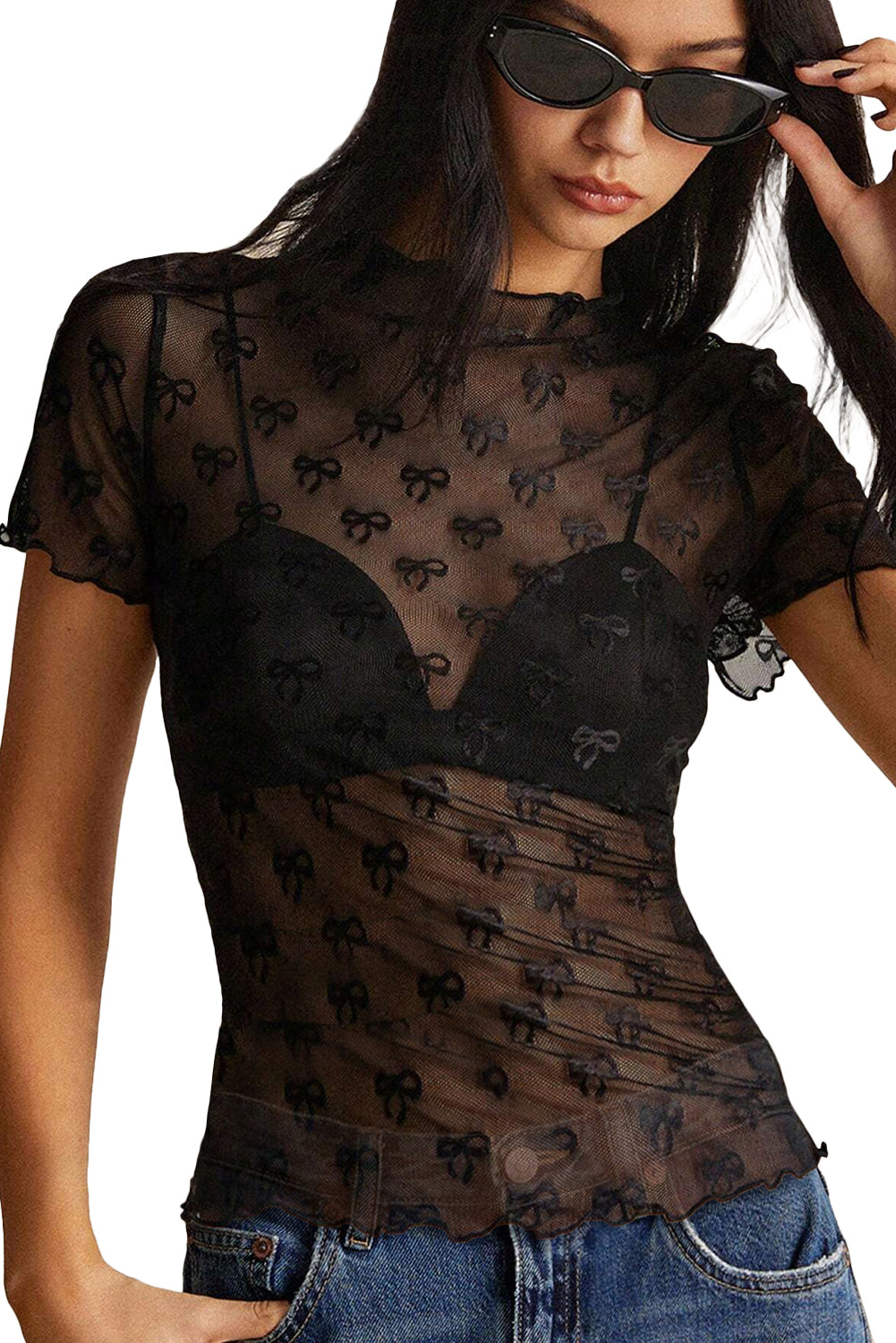 Black Bowknot Sheer Mesh Mock Neck Lettuce Trim Short Sleeve Top