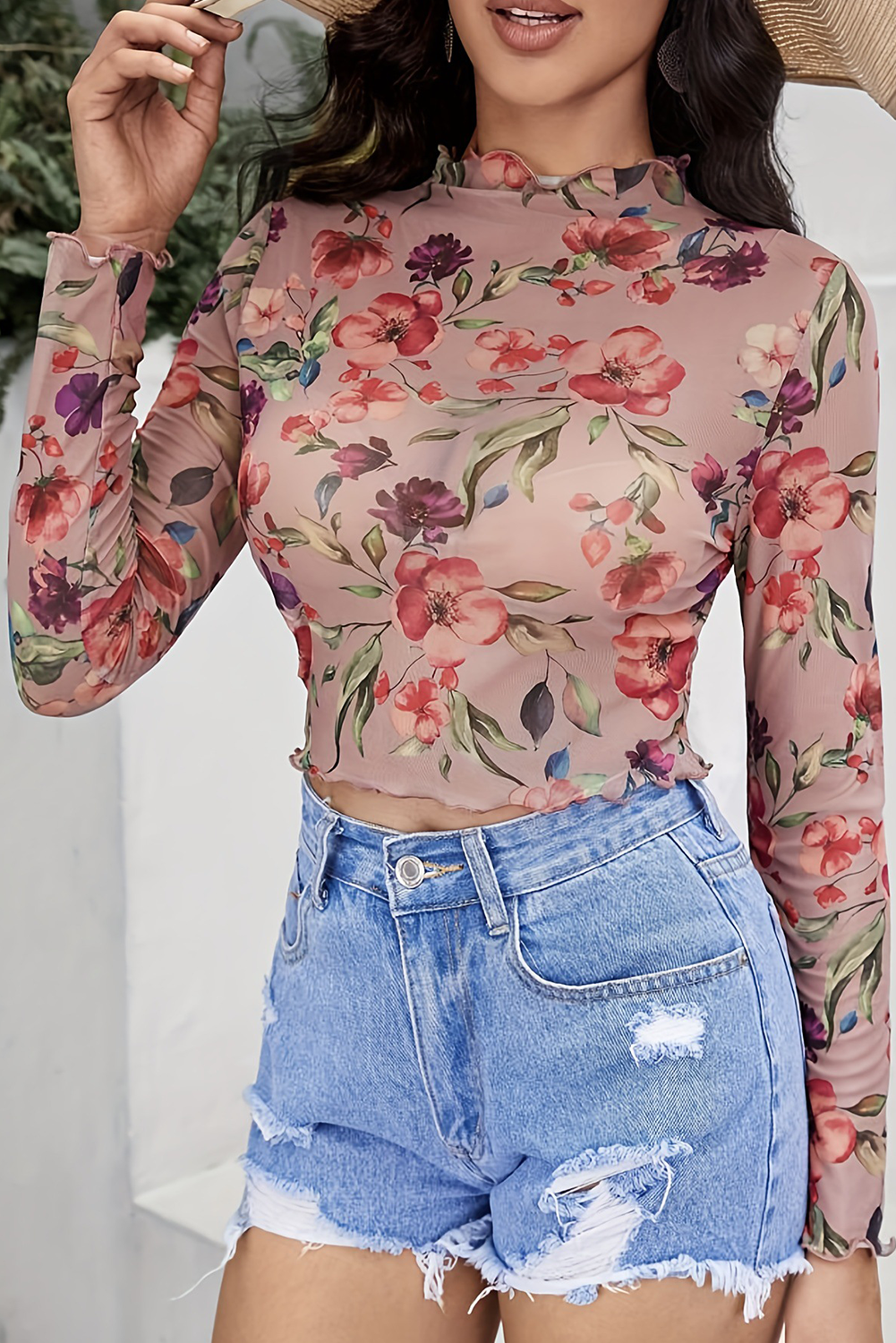 Red Mesh Floral Long SLeeve Stand Neck Cropped Top