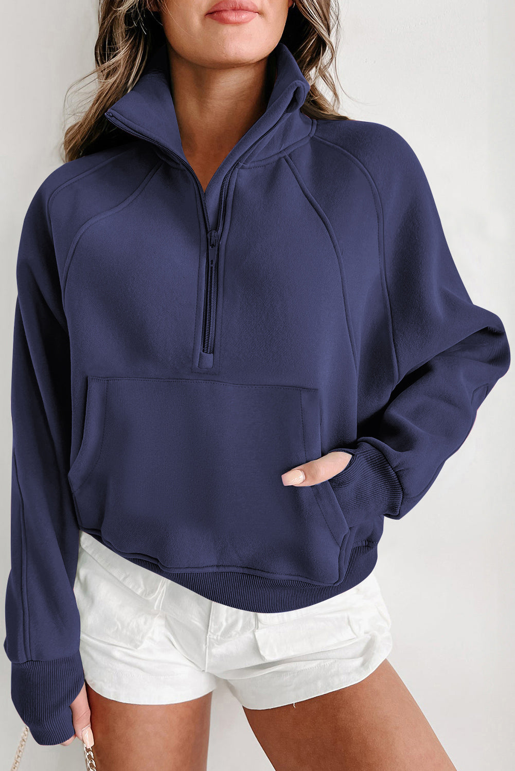 Navy Blue Zip Up Stand Collar Ribbed Thumbhole Sleeve Sweatshirt - The Fair Lady Shop