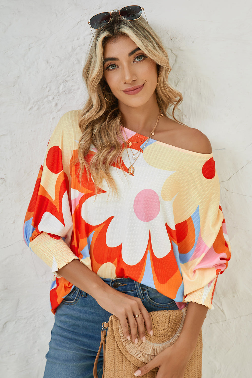 Yellow Colorful Floral Print Ribbed Dolman Blouse - The Fair Lady Shop