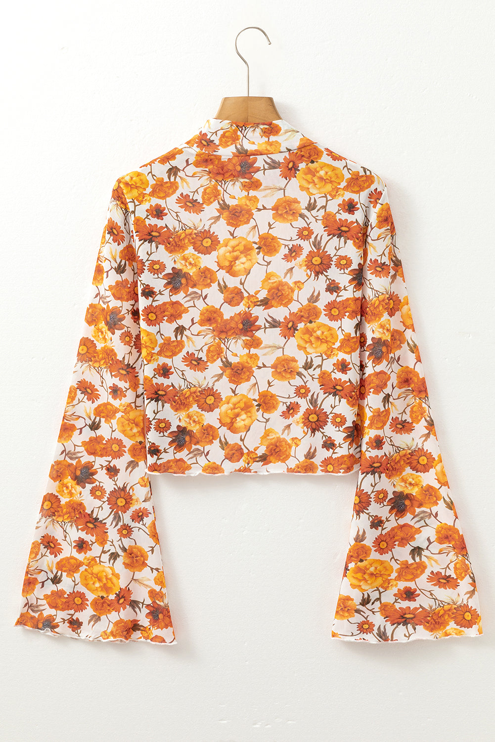 Orange Floral Print Bell Sleeve Mock Neck Scallop Trim Blouse - The Fair Lady Shop