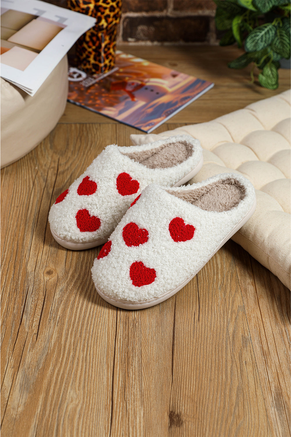 White Valentines Day Hearts Print Plush Slippers - The Fair Lady Shop