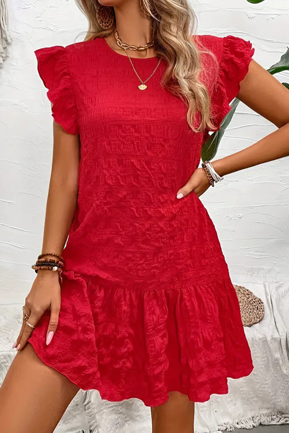 Fiery Red Solid Color Ruffle Trim Sleeveless Dress - The Fair Lady Shop