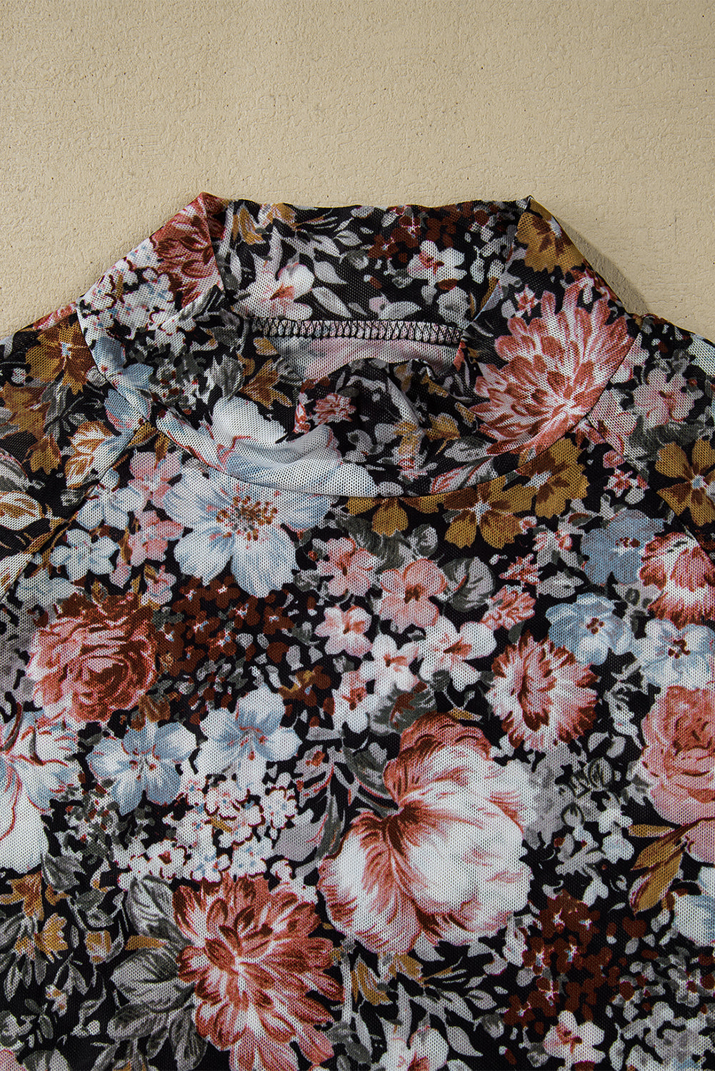 Brown Floral Print Mesh Mock Neck Slim Top - The Fair Lady Shop