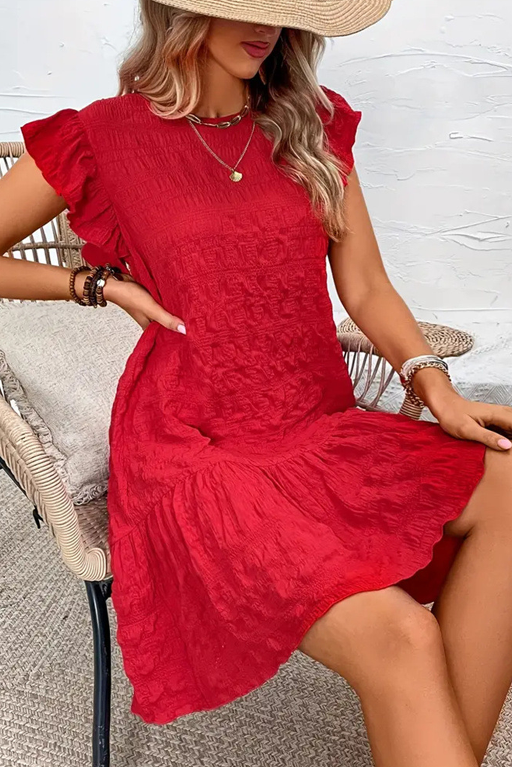 Fiery Red Solid Color Ruffle Trim Sleeveless Dress - The Fair Lady Shop