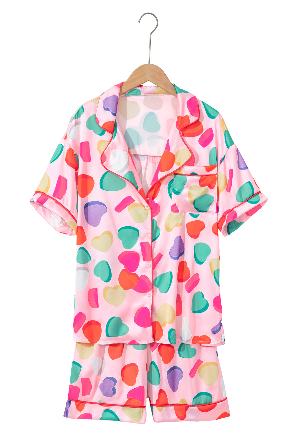 Pink Full Heart Pattern Shirt and Shorts Satin Pajama Set - The Fair Lady Shop