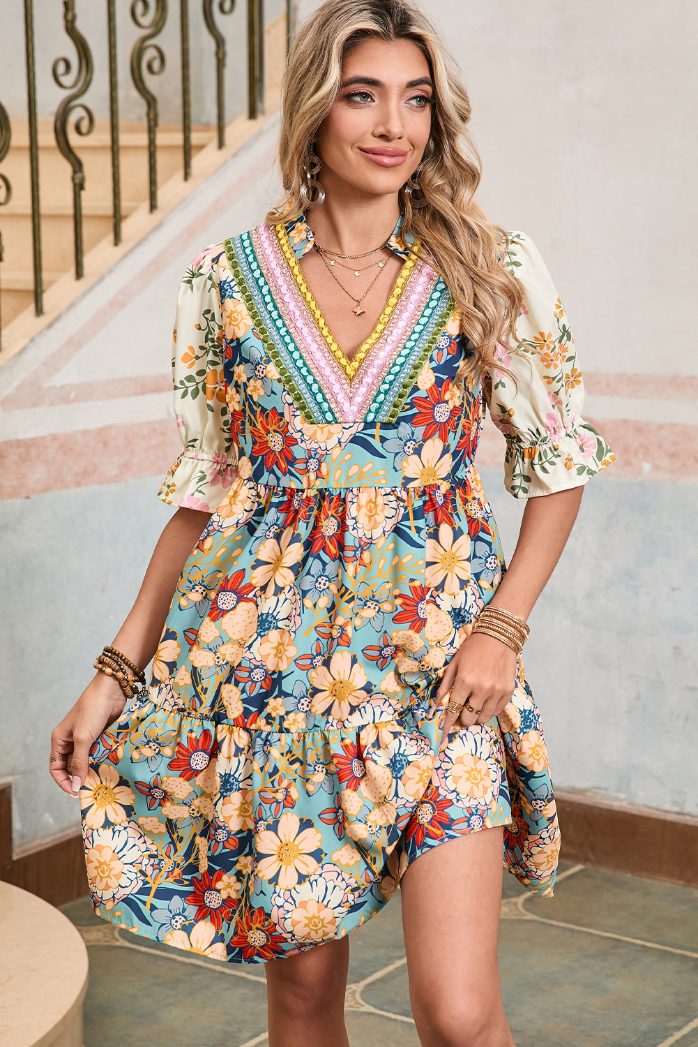 Multicolor Allover Floral Print V Neck Tiered Mini Dress - The Fair Lady Shop