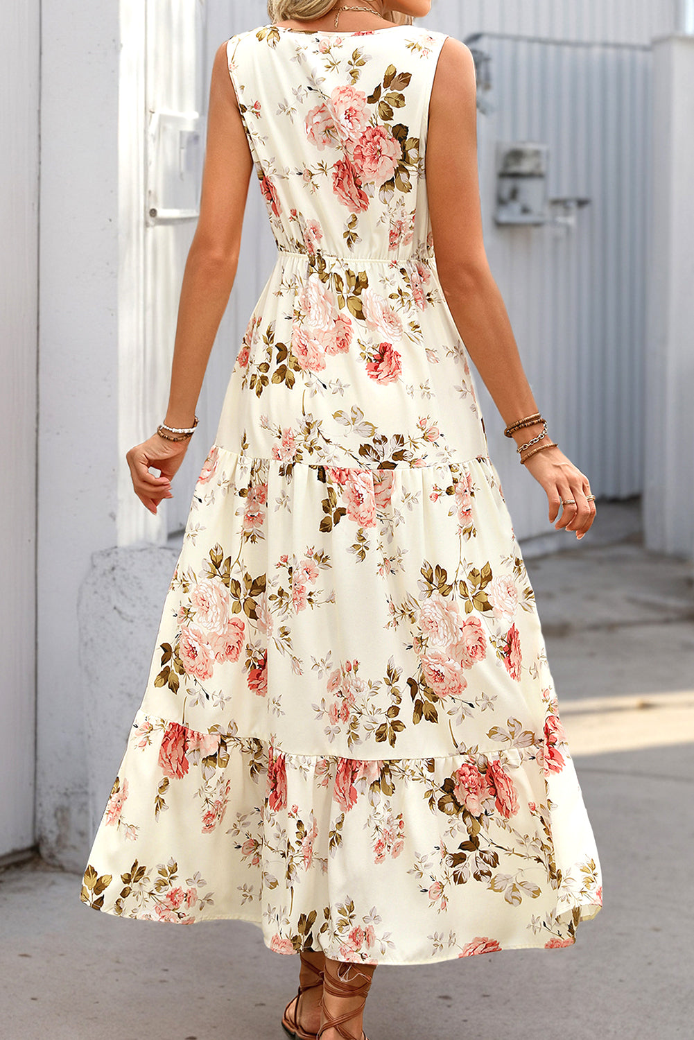 White Floral Print V Neck Sleeveless Tiered Dress - The Fair Lady Shop