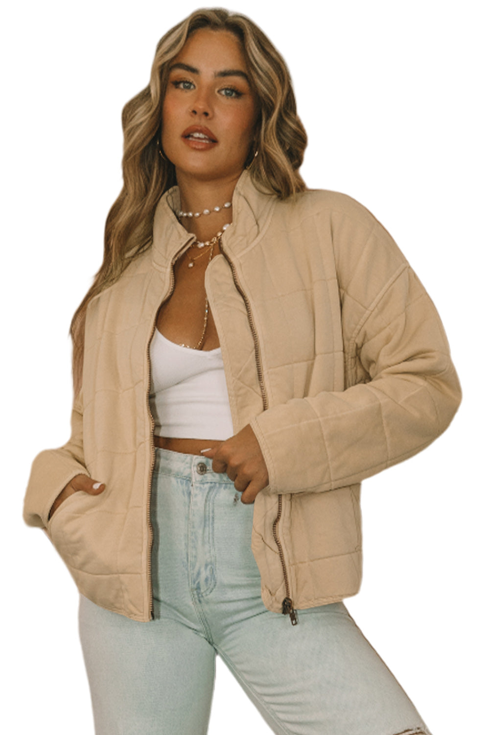 Khaki Zip-Up Pocket Quilted Jacket