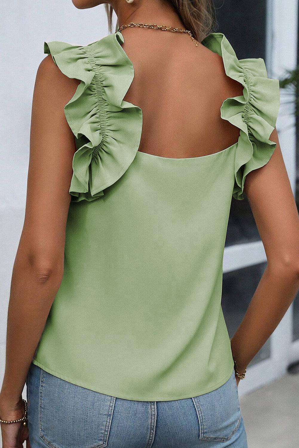 Oatmeal Solid Ruffle Trim Sleeveless Blouse - The Fair Lady Shop