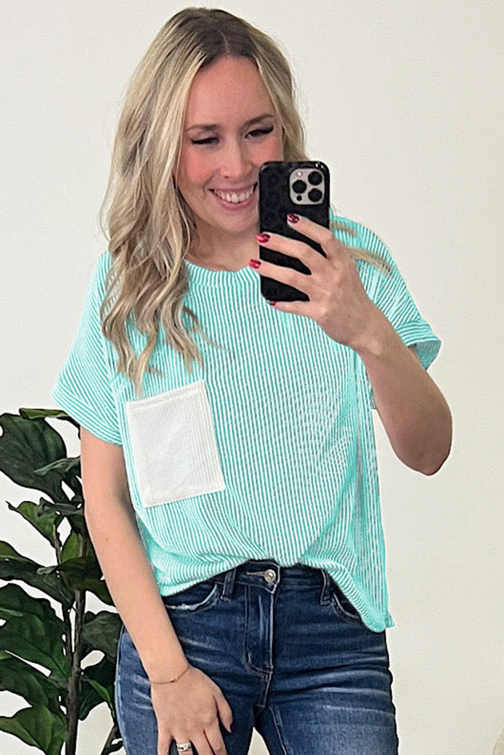 Light Blue Corded Colorblock Pocket Crew Neck T Shirt - The Fair Lady Shop