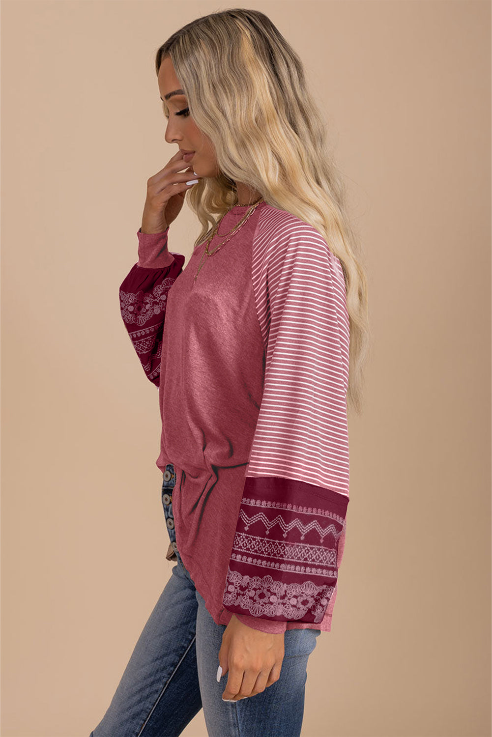Mineral Red Contrast Print Striped Raglan Long Sleeve Loose Top