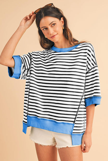 Pink Stripe Colorblock Drop Sleeve Oversized T Shirt - The Fair Lady Shop