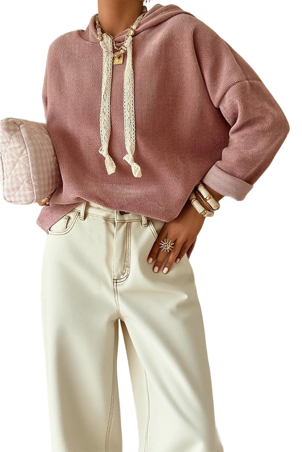 Rose Tan Thermal Textured Lace Drawstring Baggy Hoodie